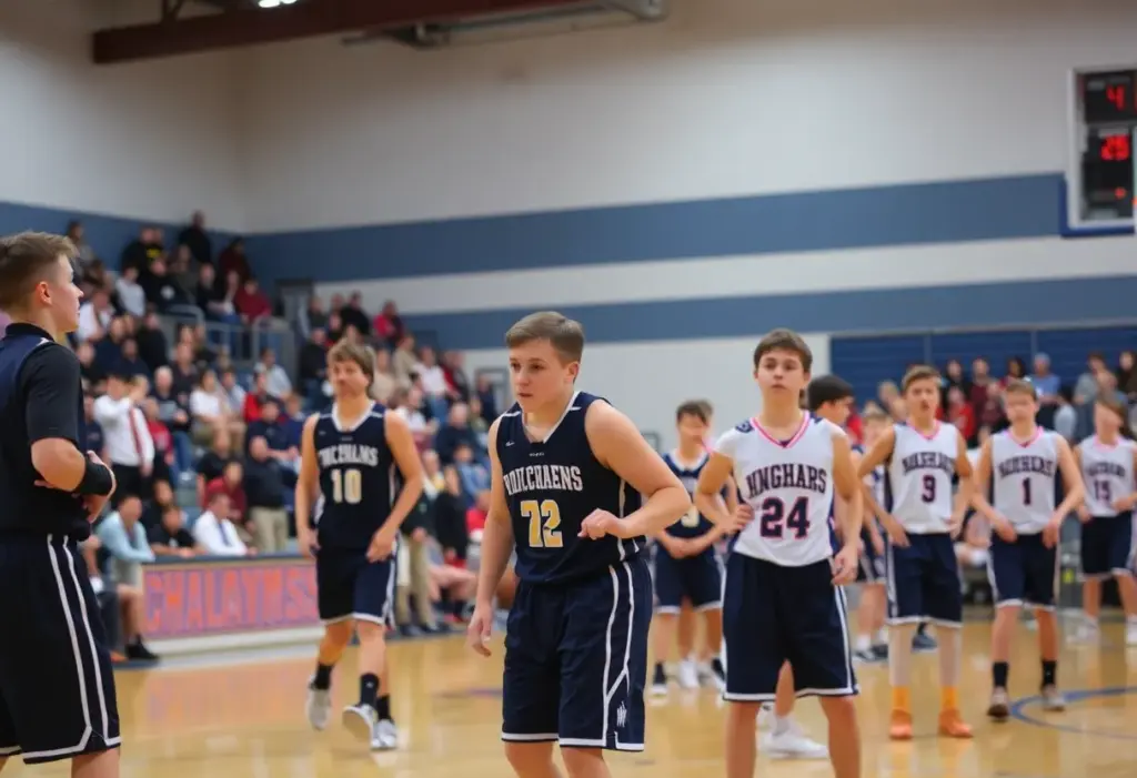 Players from First Philadelphia Prep celebrating their victory during a basketball game.