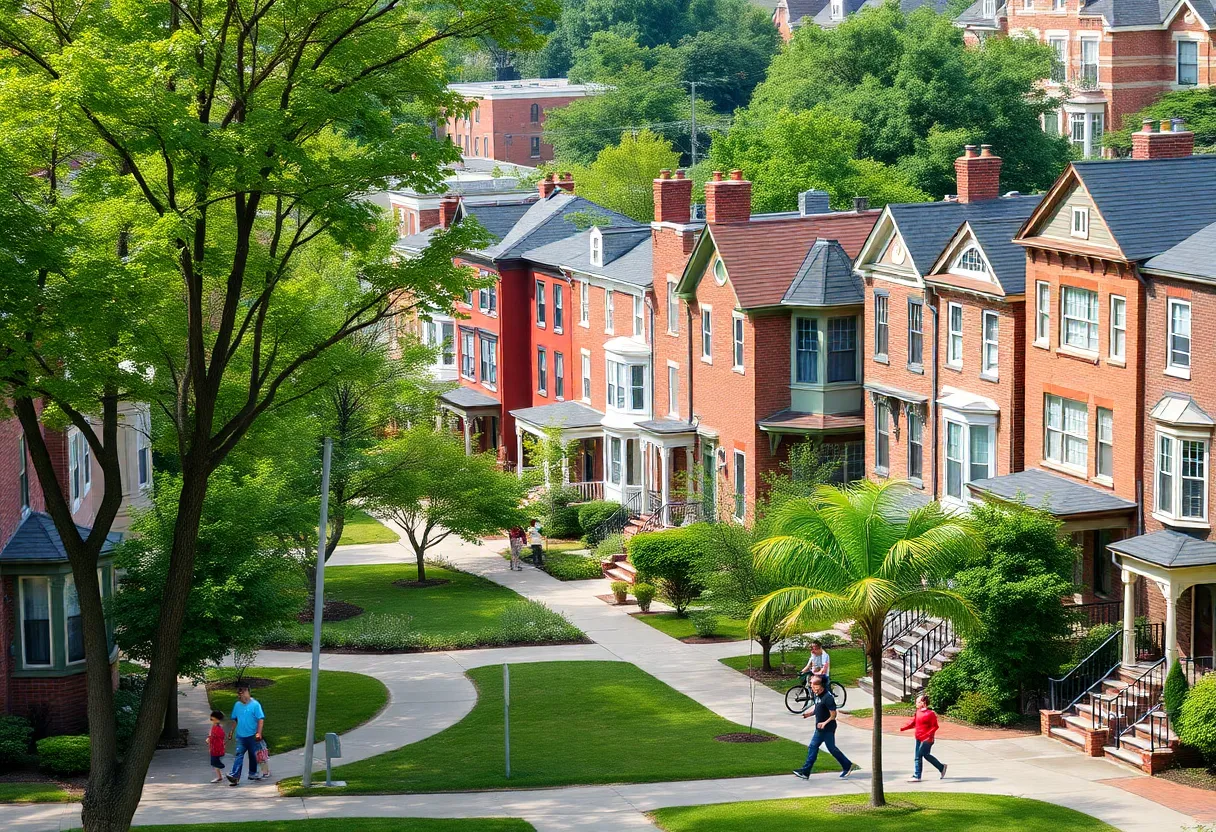 A lively neighborhood in Philadelphia with families and green spaces.