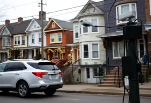 Houses in Fishtown decorated for holidays with visible security cameras and locked vehicles.