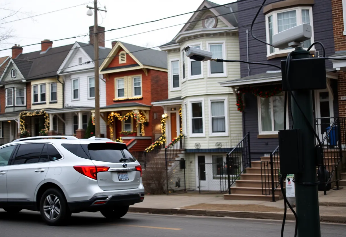 Houses in Fishtown decorated for holidays with visible security cameras and locked vehicles.