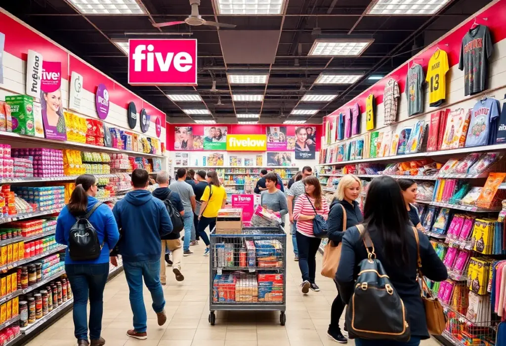 Interior view of a Five Below store with customers shopping