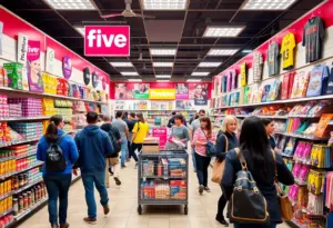Interior view of a Five Below store with customers shopping