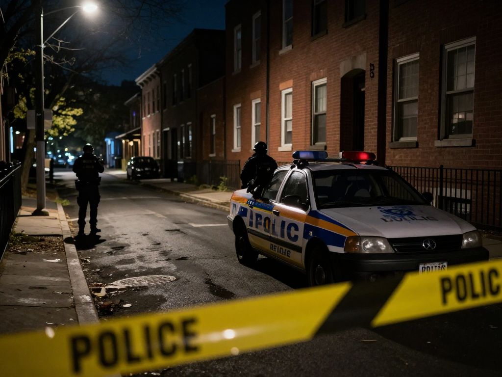 Urban street in Frankford neighborhood with police tape