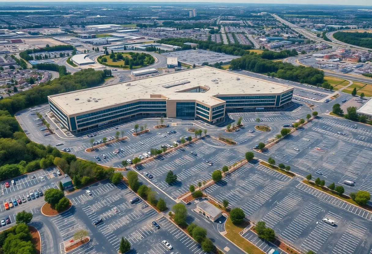 Aerial view of Franklin Mall in Philadelphia with visible empty spaces.