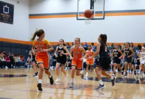 Girls basketball players in action during a match