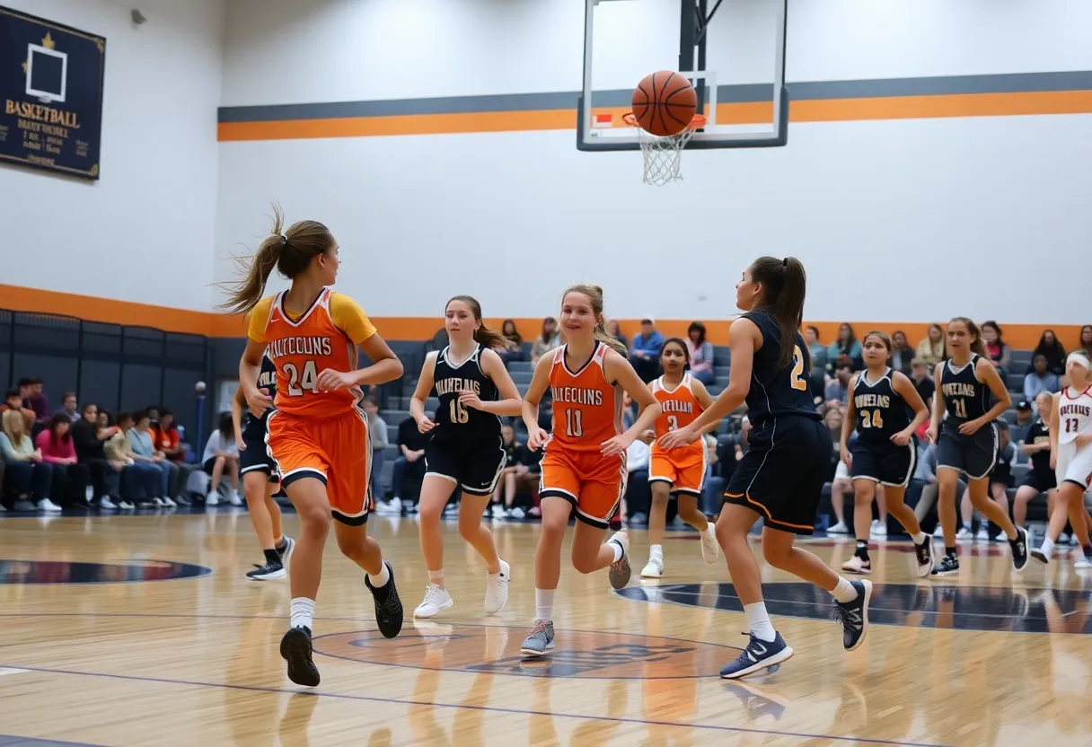Girls basketball players in action during a match