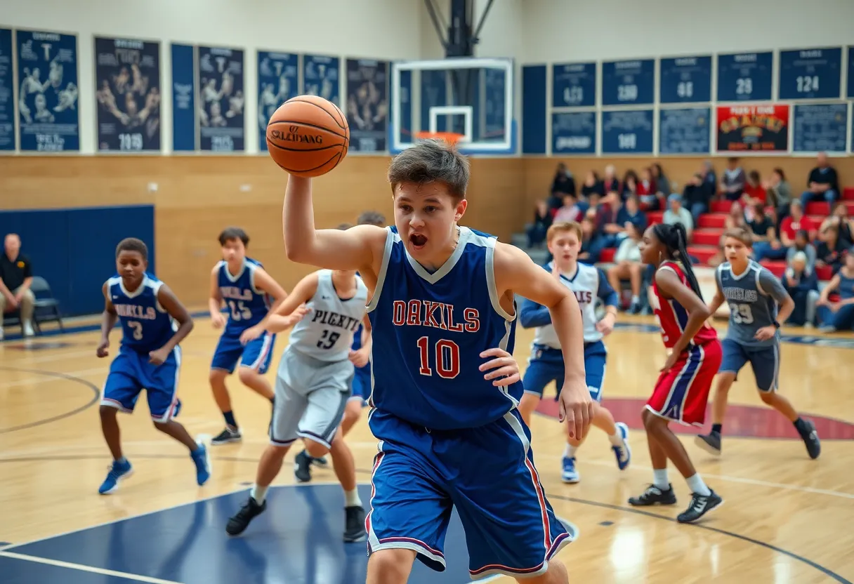 High school basketball game featuring the Gazelles in action