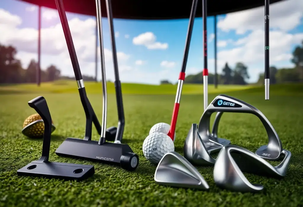 Collection of modern golf equipment including putters and irons on the golf course.