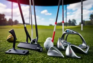 Collection of modern golf equipment including putters and irons on the golf course.