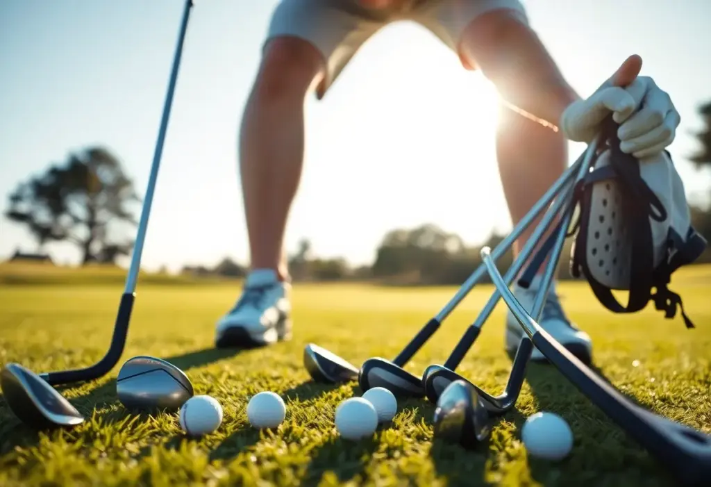 A variety of golf equipment on a golf course