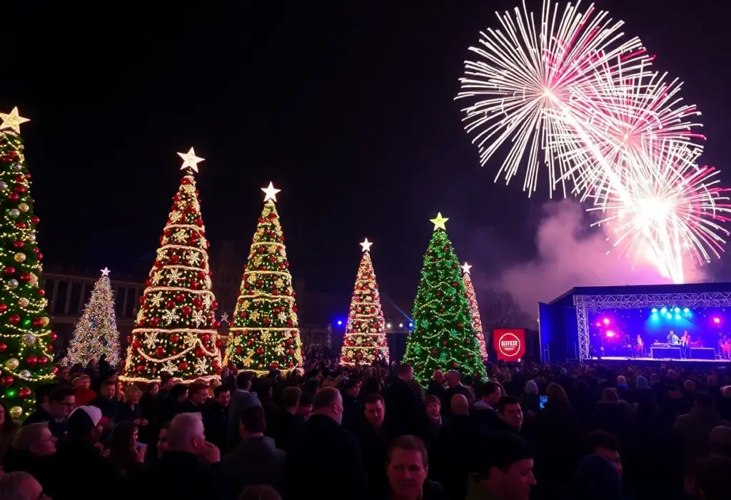 Crowd enjoying the Grand Illumination event in Philadelphia with fireworks.