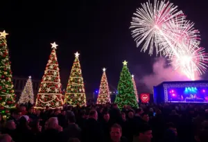 Crowd enjoying the Grand Illumination event in Philadelphia with fireworks.