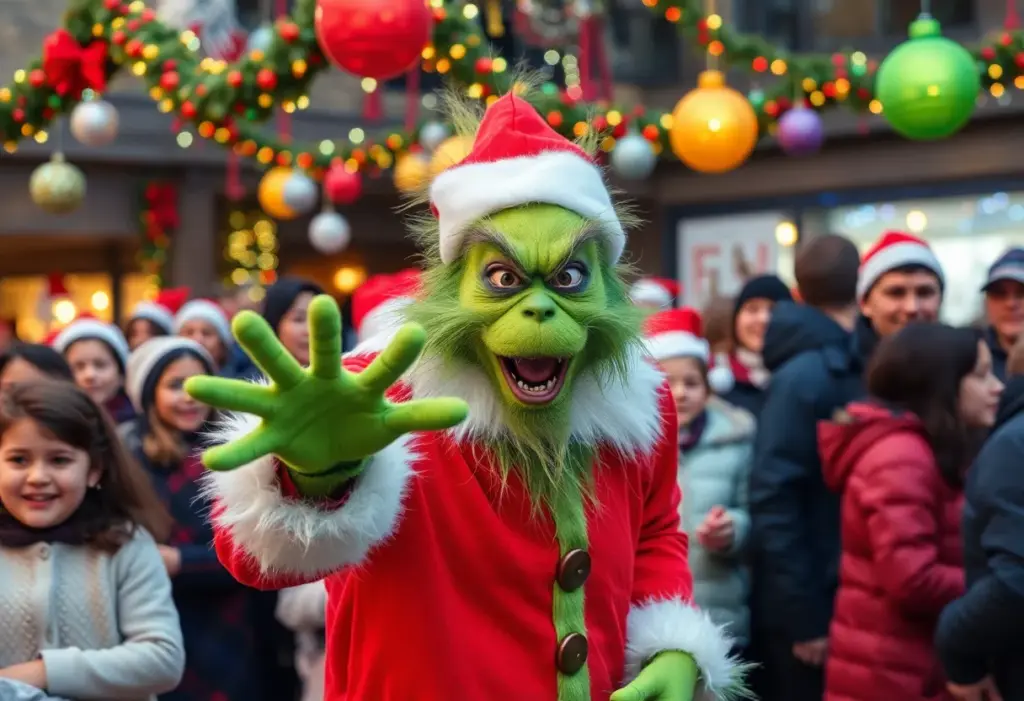 A playful Grinch figure surrounded by festive holiday decorations