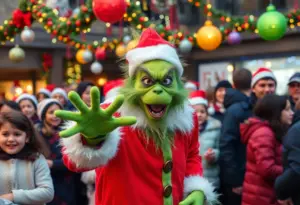 A playful Grinch figure surrounded by festive holiday decorations