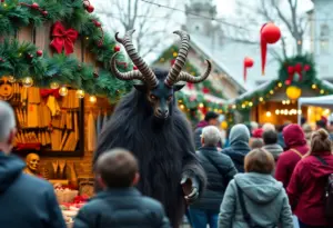 Festive holiday market scene with Krampus and local vendors