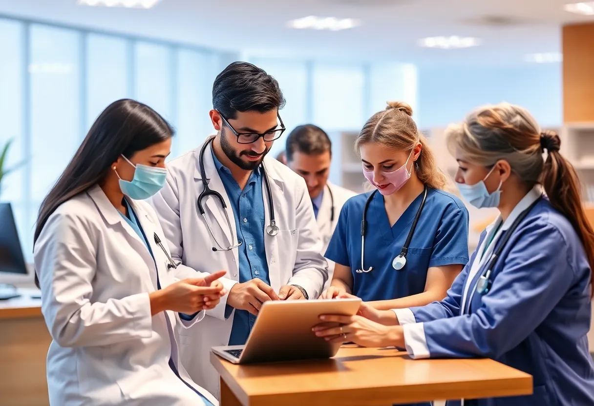 Healthcare professionals collaborating with technology to enhance member care