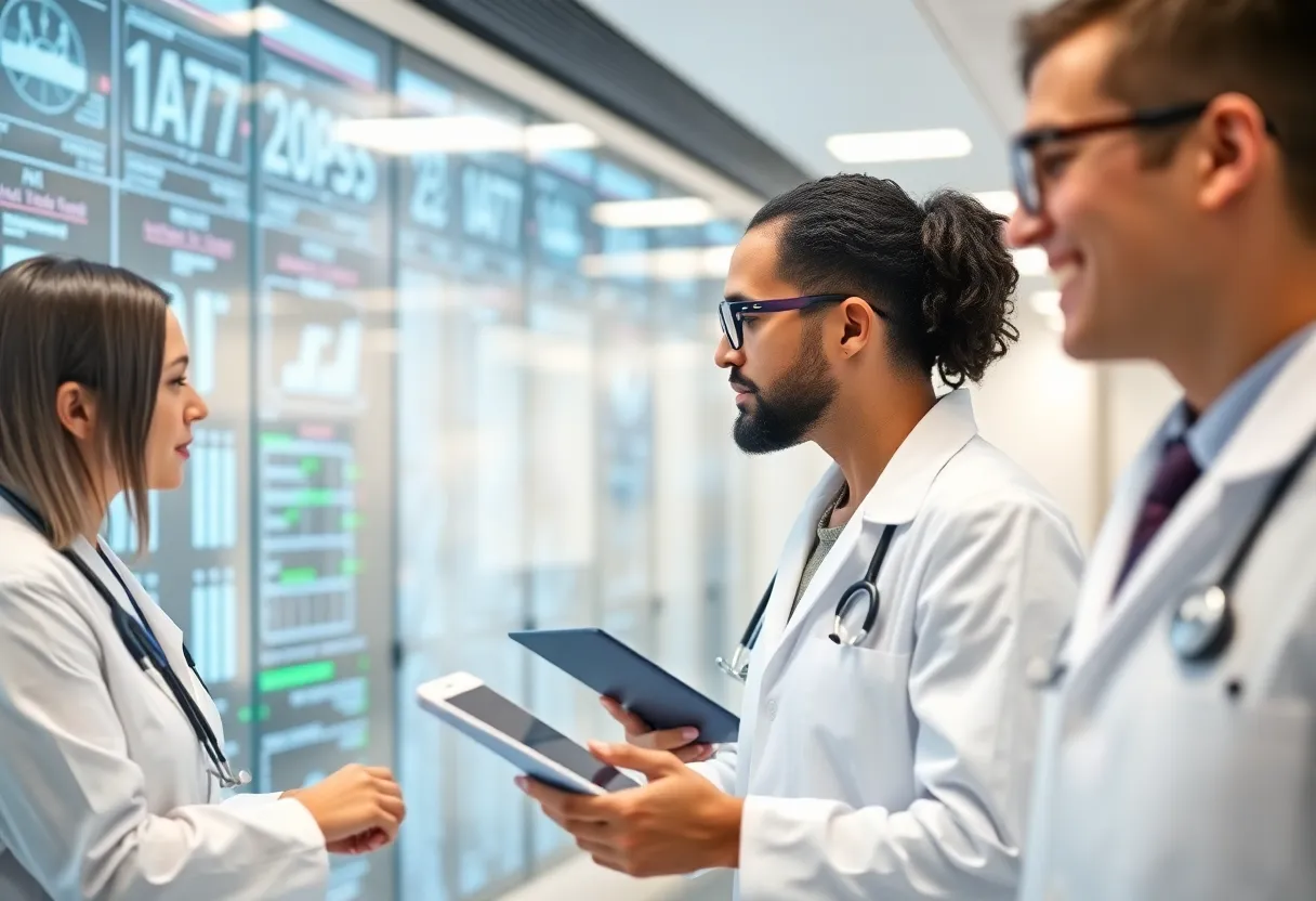 Professionals collaborating in a healthcare facility over data management solutions