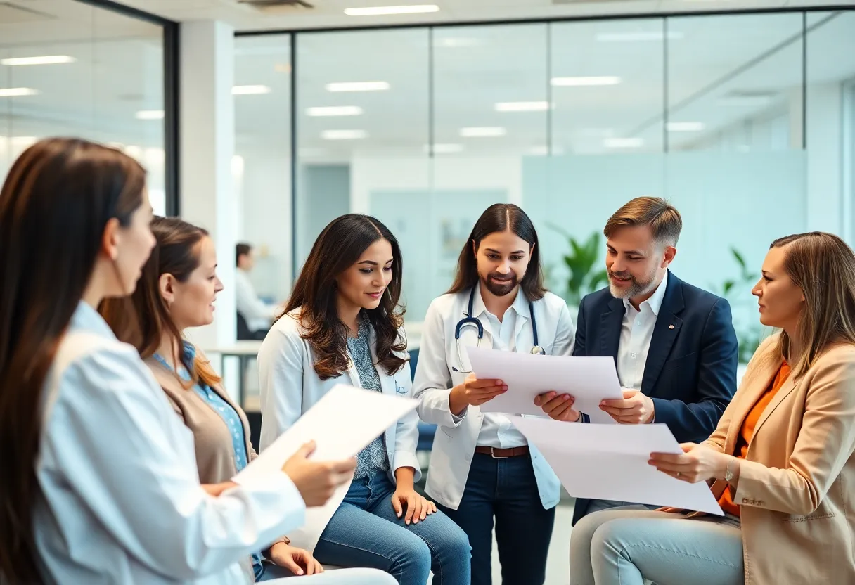 Team members collaborating in a healthcare communications office.