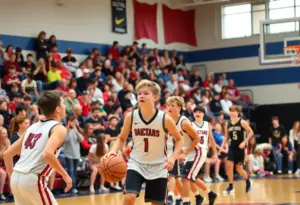High school basketball players in action during a game