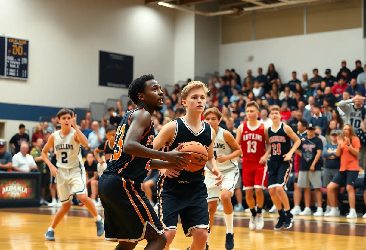 Players in action during a high school basketball game