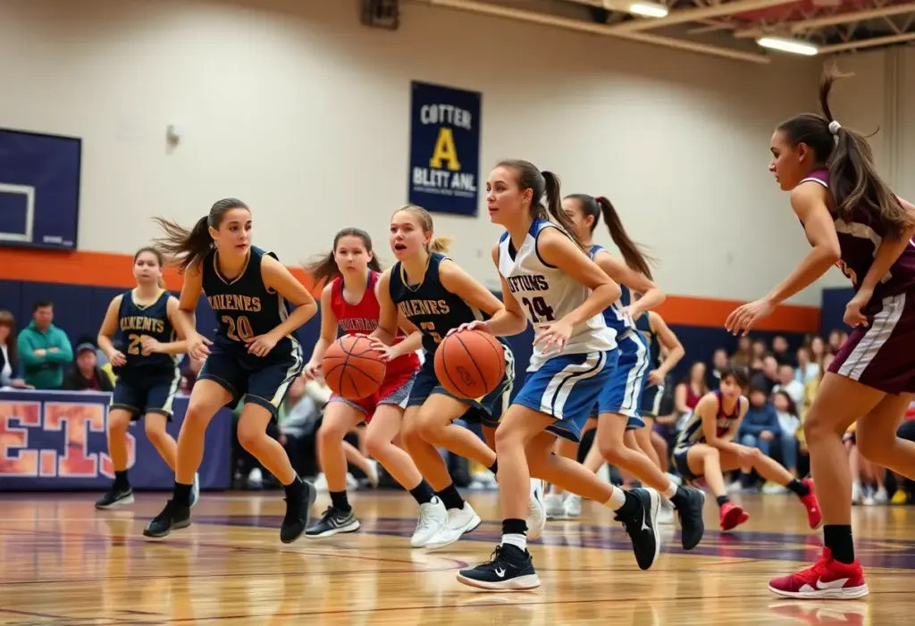 High school girls' basketball teams playing a competitive game.