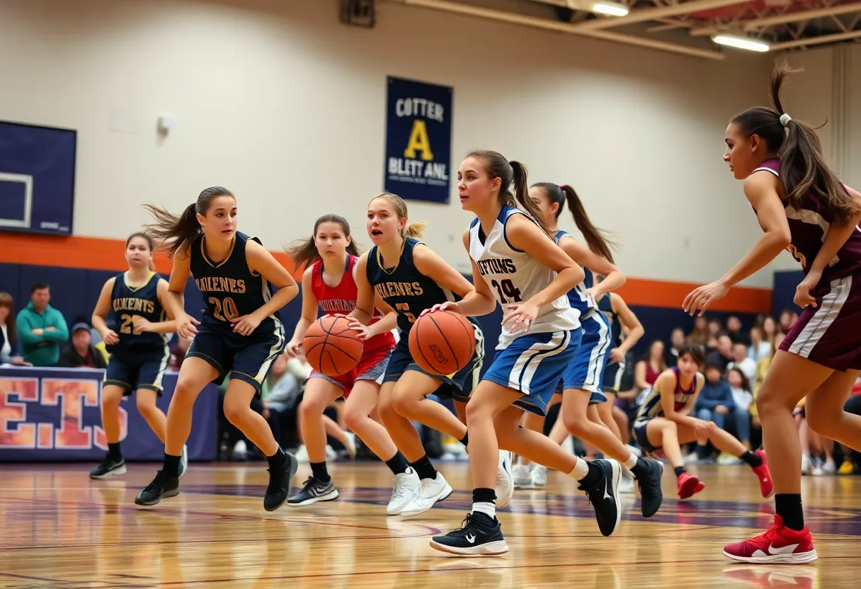 High school girls' basketball teams playing a competitive game.