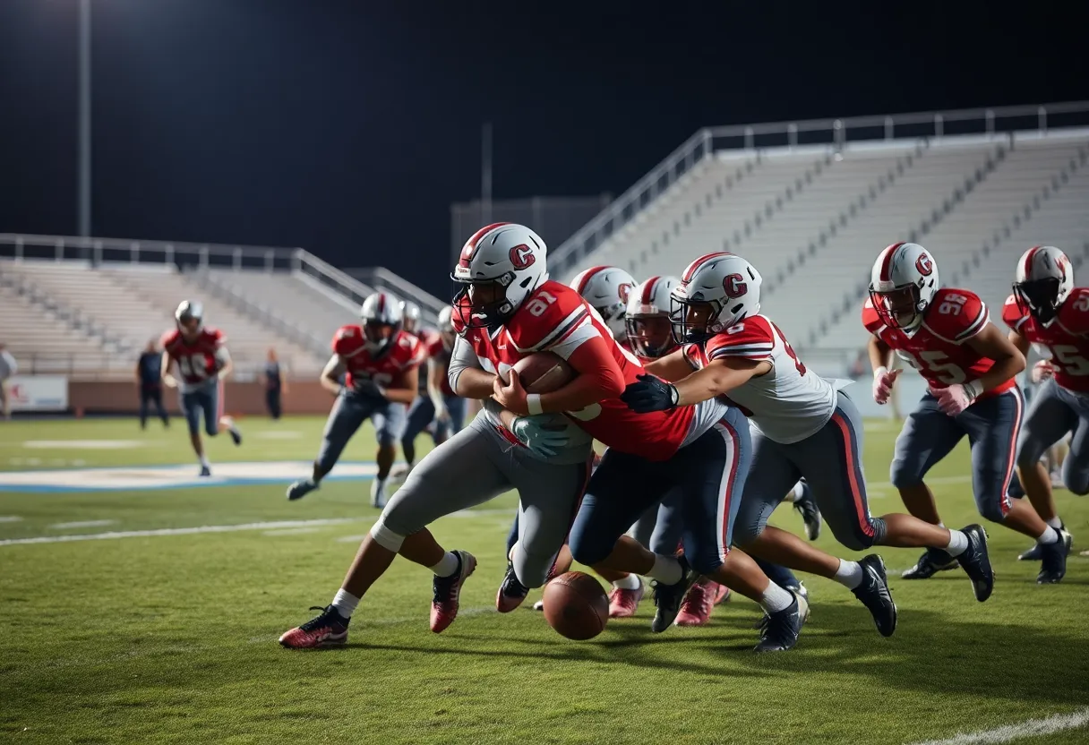 High school football defenders tackling an opponent on the field