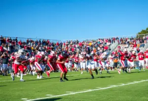 High school football players in action during a game