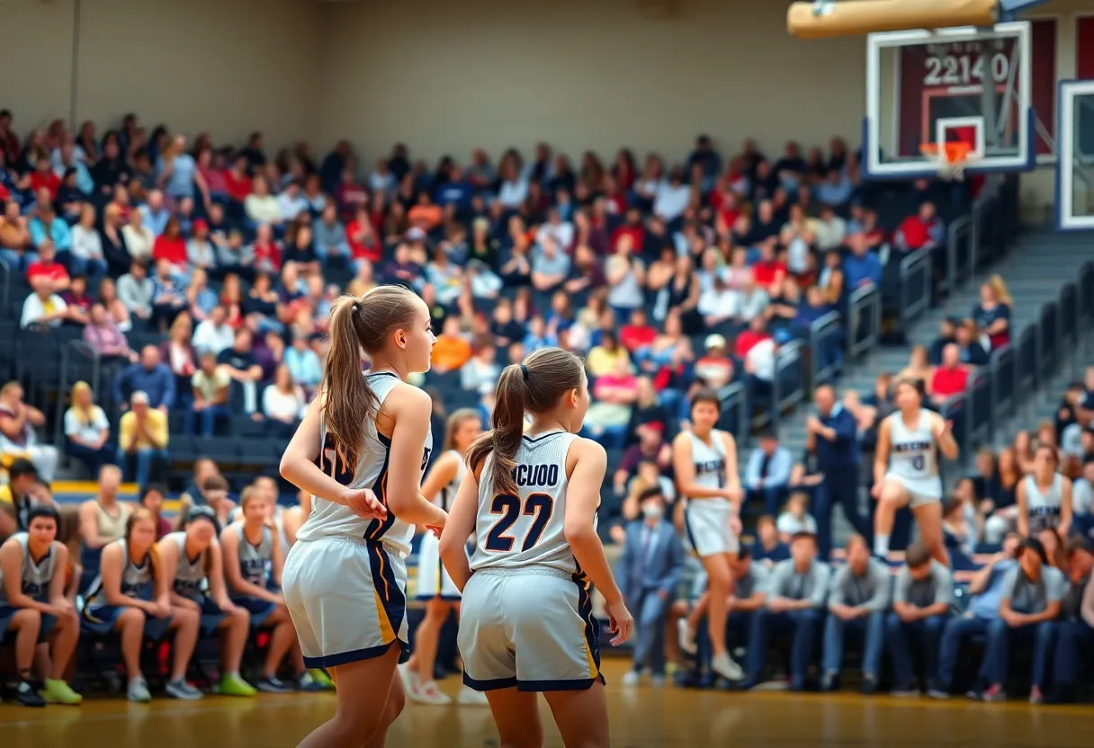 Girls' basketball players in action during a high school game.
