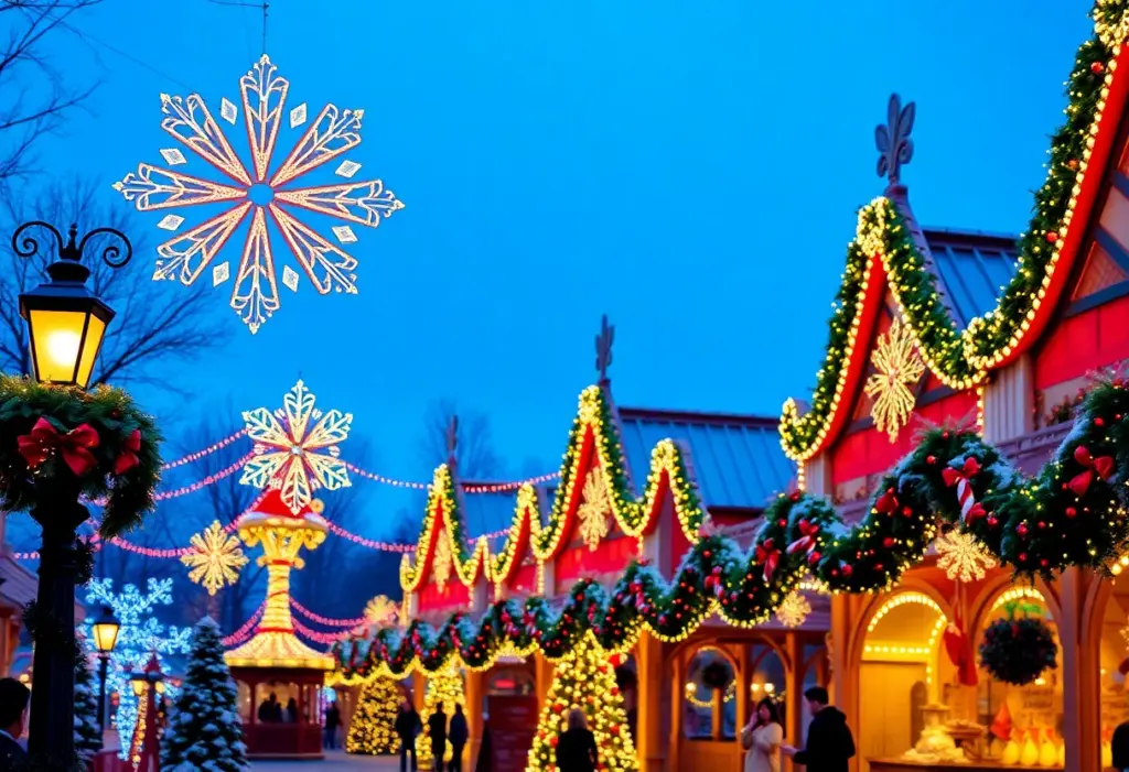 Festive lights and decorations at a Pennsylvania theme park during the holiday season