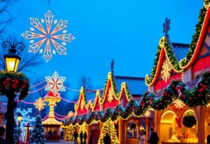 Festive lights and decorations at a Pennsylvania theme park during the holiday season