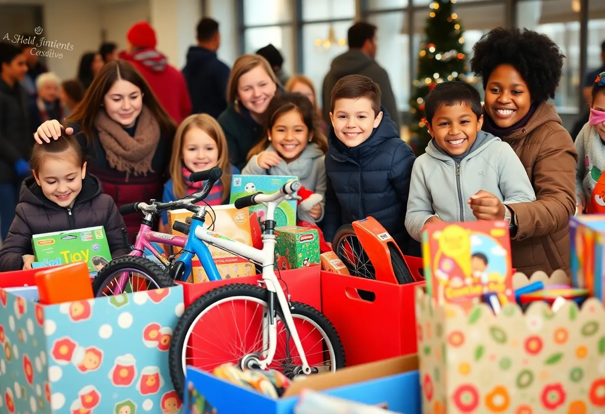 Families donating toys at a holiday toy drive in Philadelphia