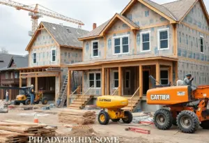 A construction site in Philadelphia with builders working on a new home
