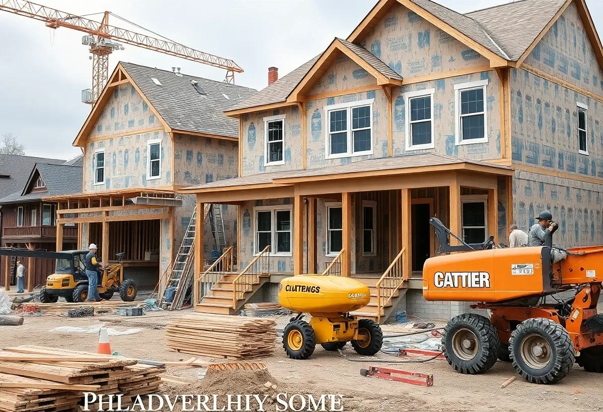 A construction site in Philadelphia with builders working on a new home