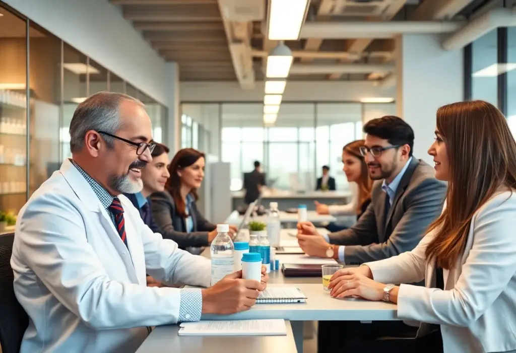 Team members in a corporate setting discussing biopharmaceutical innovations