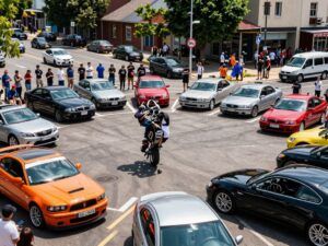 Spectators watching cars at an illegal meetup in Plymouth Township