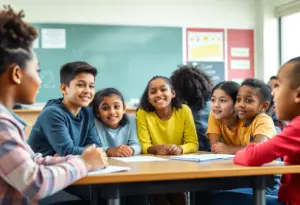 Classroom setting with diverse students discussing inclusivity.