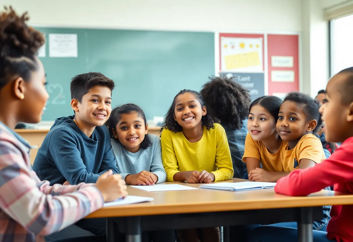 Classroom setting with diverse students discussing inclusivity.