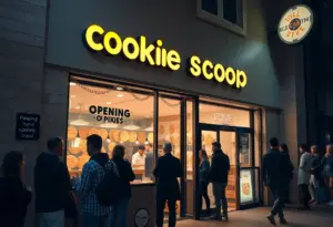 Exterior view of Insomnia Cookies store during the grand opening celebration