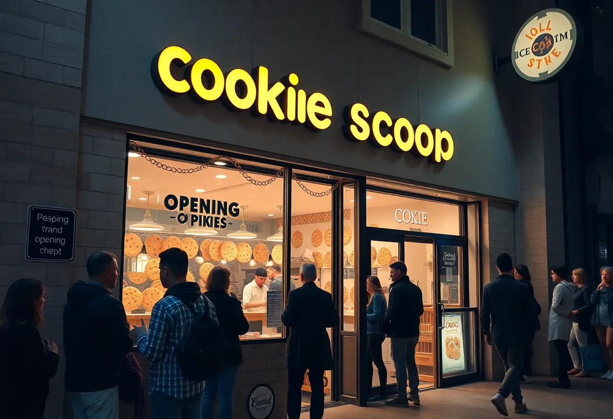 Exterior view of Insomnia Cookies store during the grand opening celebration