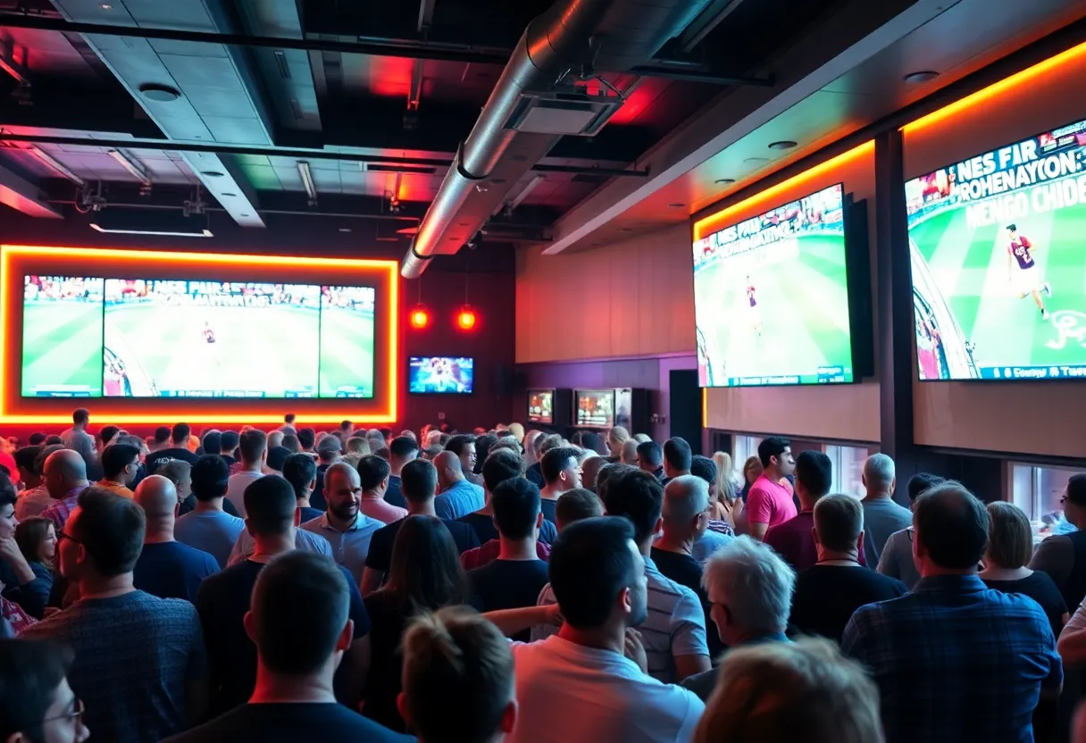 Crowd watching live sports content at a commercial venue