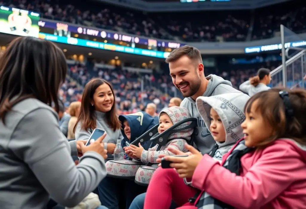 Families enjoying a community event featuring Joie baby products with the Pittsburgh Penguins background
