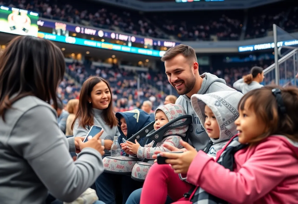 Families enjoying a community event featuring Joie baby products with the Pittsburgh Penguins background