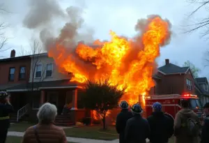 Firefighters battling a fire in a rowhome in Kensington, Philadelphia