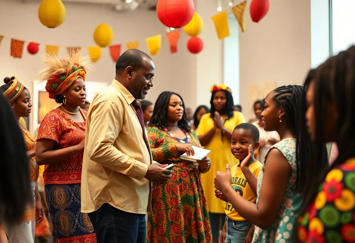 Families participating in Kwanzaa Celebration activities at Penn Museum, showcasing African culture.