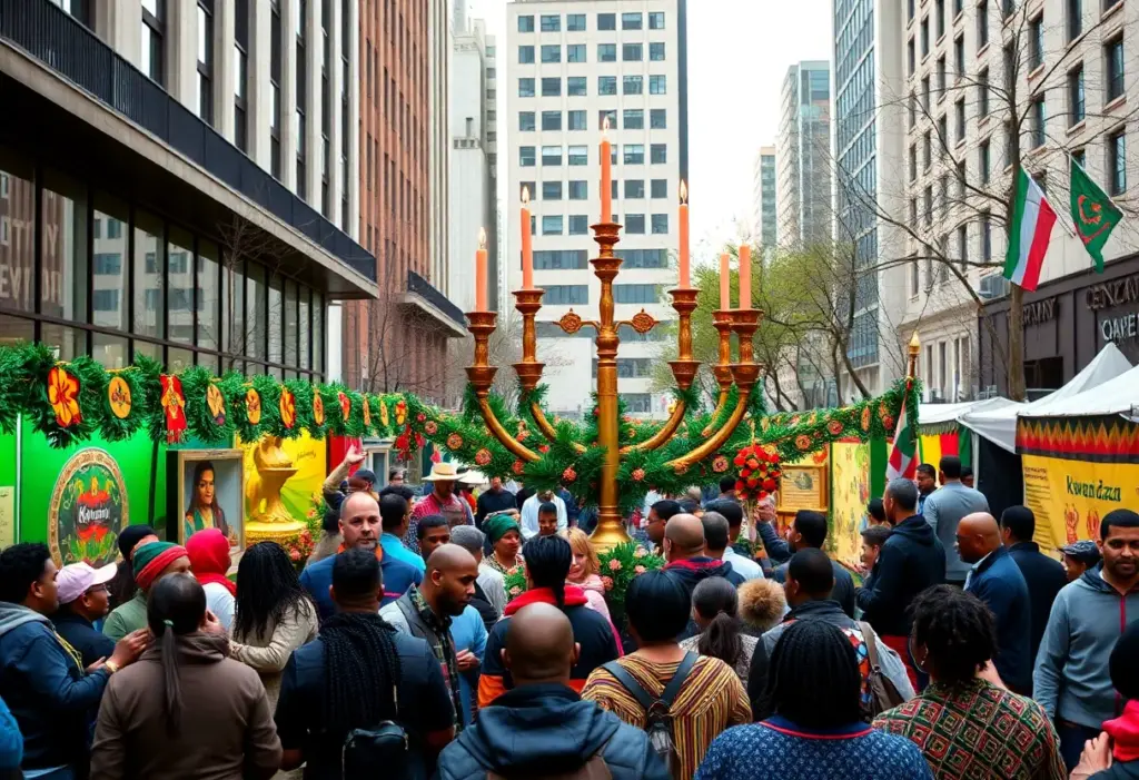 Crowd celebrating Kwanzaa with traditional decorations and performances in Philadelphia.