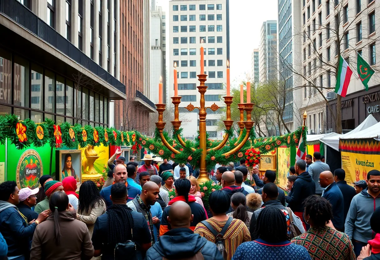 Crowd celebrating Kwanzaa with traditional decorations and performances in Philadelphia.