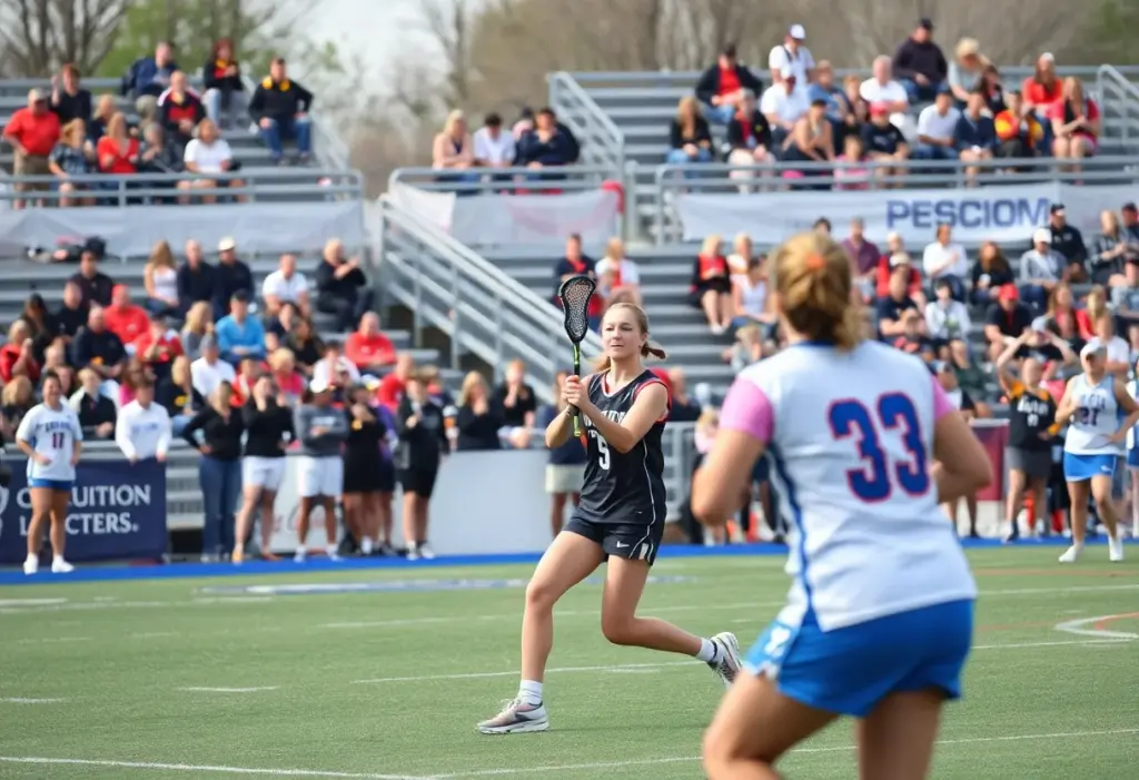 Women playing lacrosse during a game at La Salle University
