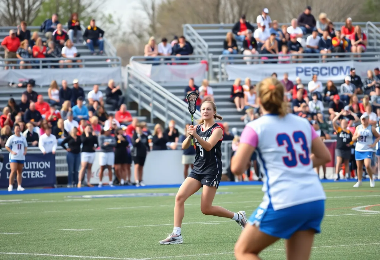 Women playing lacrosse during a game at La Salle University