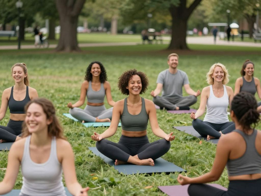 Group practicing laughter yoga in a park